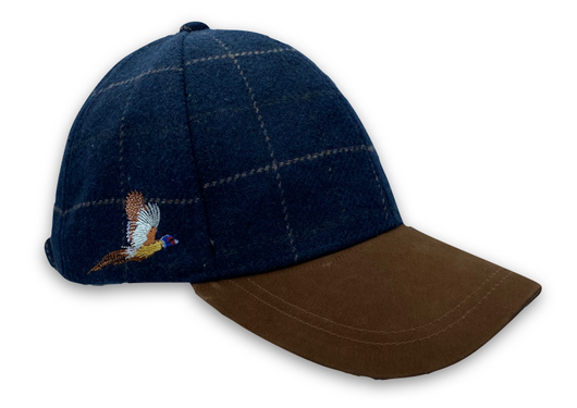 Blue Mix Wool Tweed Baseball Cap with Embroidered Flying Pheasant